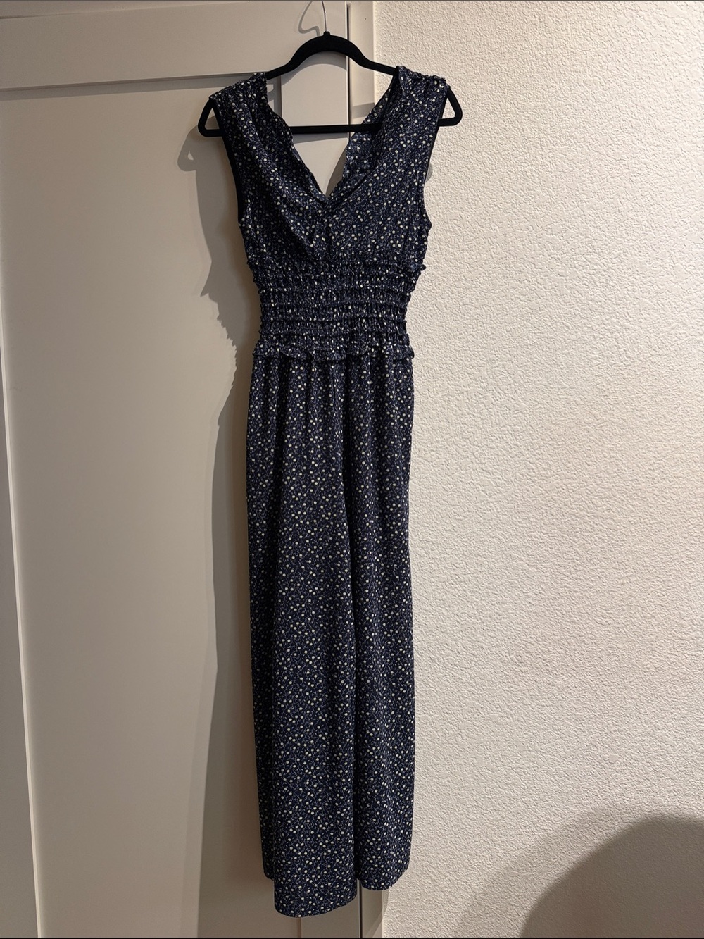 Smocked Waist Navy Maxi Romper with Subtle Flower Print